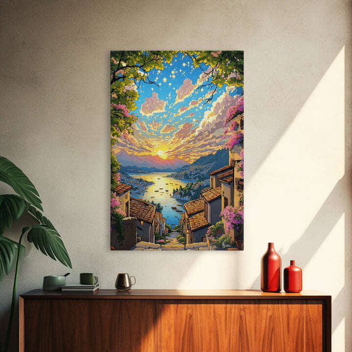 Italian Hillside Village Sunset Canvas Print, Coastal Lake Wall Art, Mediterranean Decor, Romantic Travel Poster Gift Idea