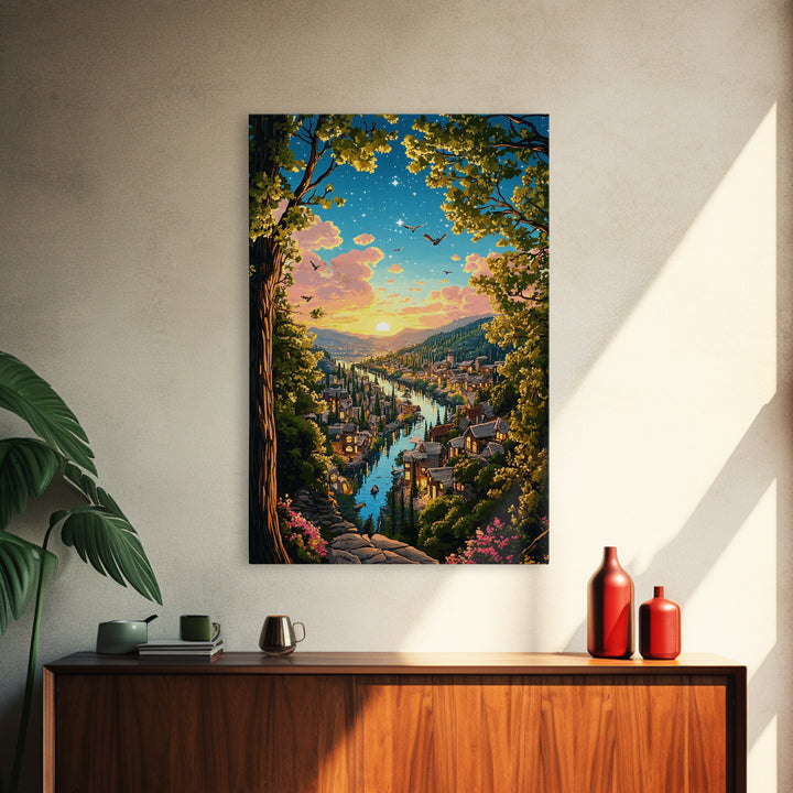 Sunset River City Through Forest Wall Art, Starry Landscape Canvas, Nature Decor, Cozy Living Room Art Print Gift For Her
