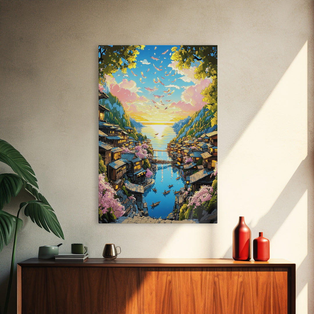 Cherry Blossom Coastal Village Canvas Print, Japanese Seascape Wall Art, Pink Floral Decor, Peaceful Travel Poster Gift Idea