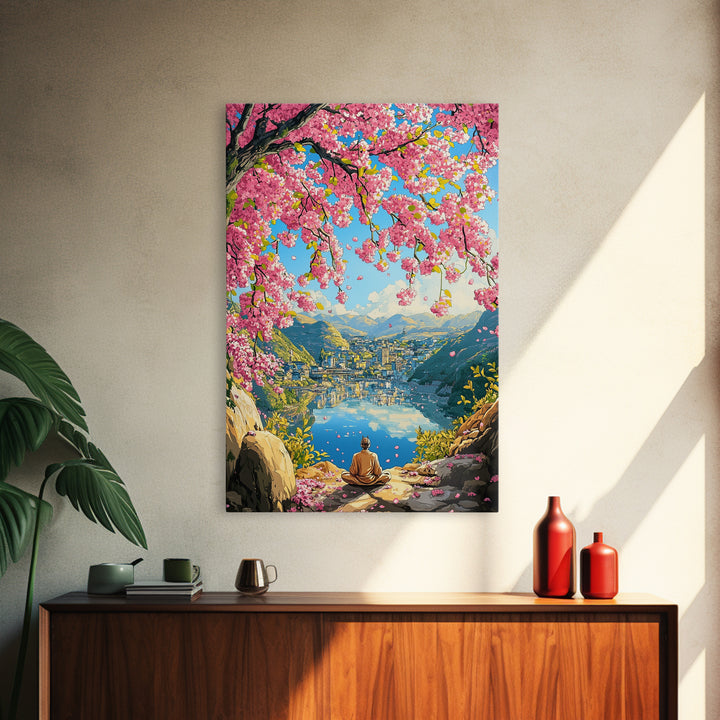 Cherry Blossom Lake Meditation Canvas Print, Japanese Mountain Wall Art, Spring Nature Decor, Peaceful Zen Gift For Her Idea