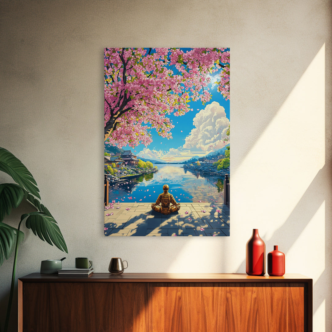 Meditating Samurai Under Pink Cherry Blossoms Wall Art, Japanese Landscape Canvas, Zen Decor, Living Room Art Print, Home Decor