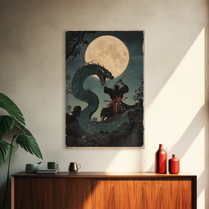 Moon Dragon Duel With Armored Samurai Framed Canvas Print, Japanese Fantasy Wall Art, Dark Academia Decor, Gift For Him, Office Decor