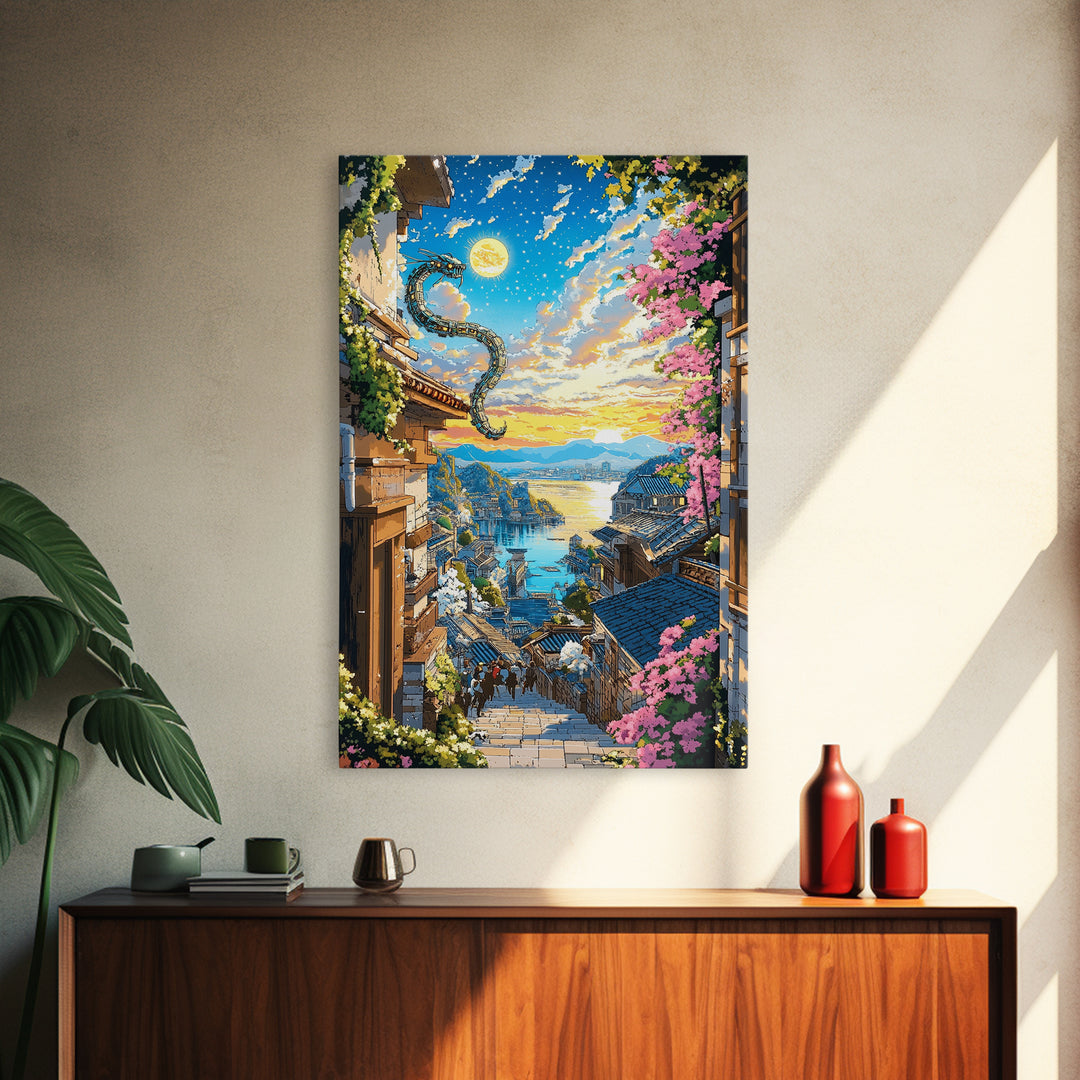 Dragon Over Sunlit Coastal Stairway Canvas Print, Japanese Village Wall Art, Cherry Blossom Decor, Fantasy Landscape Print
