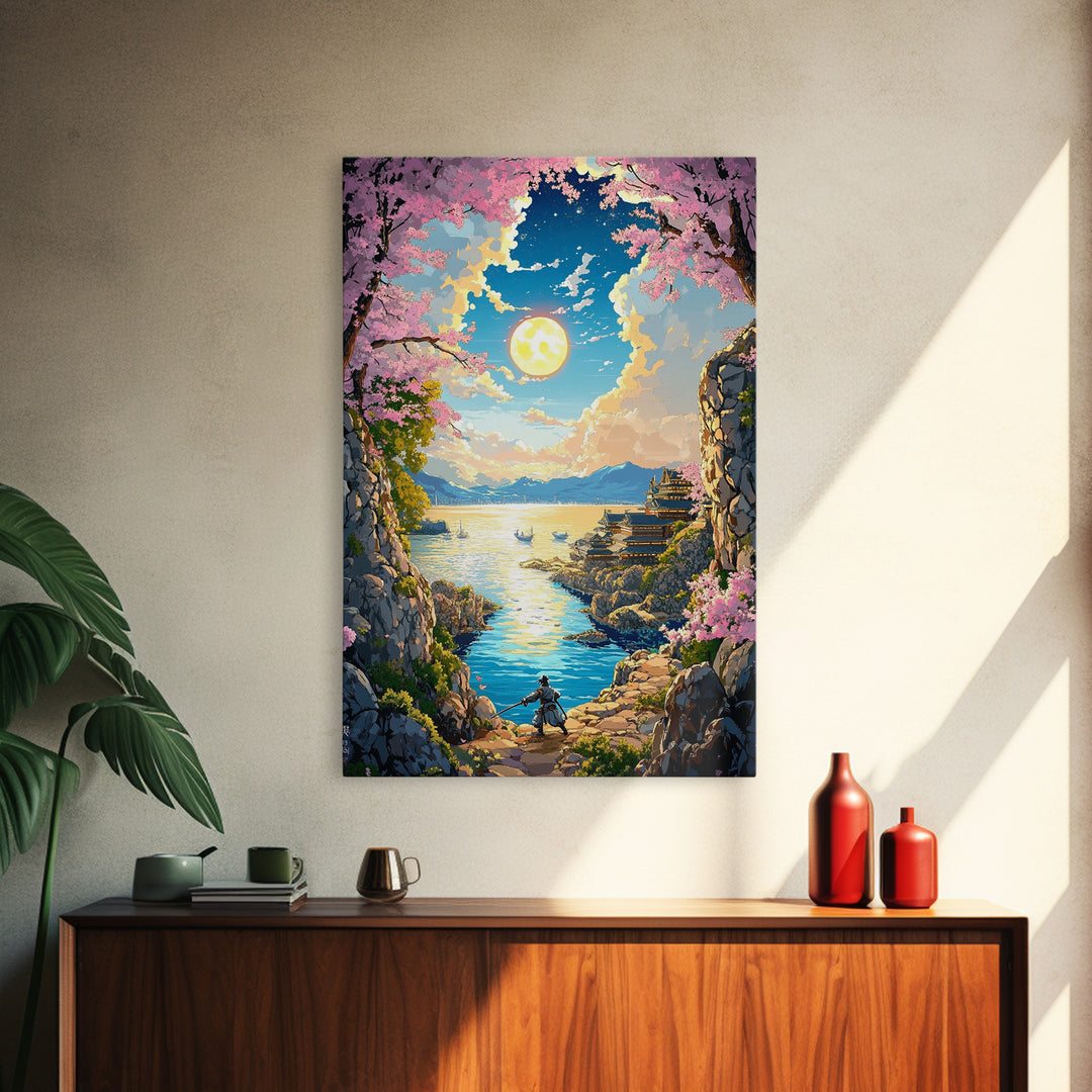 Moonlit Cherry Blossom Sea Cove Wall Art, Samurai Fantasy Landscape, Japanese Coastal Decor, Living Room Canvas Print, Home Decor