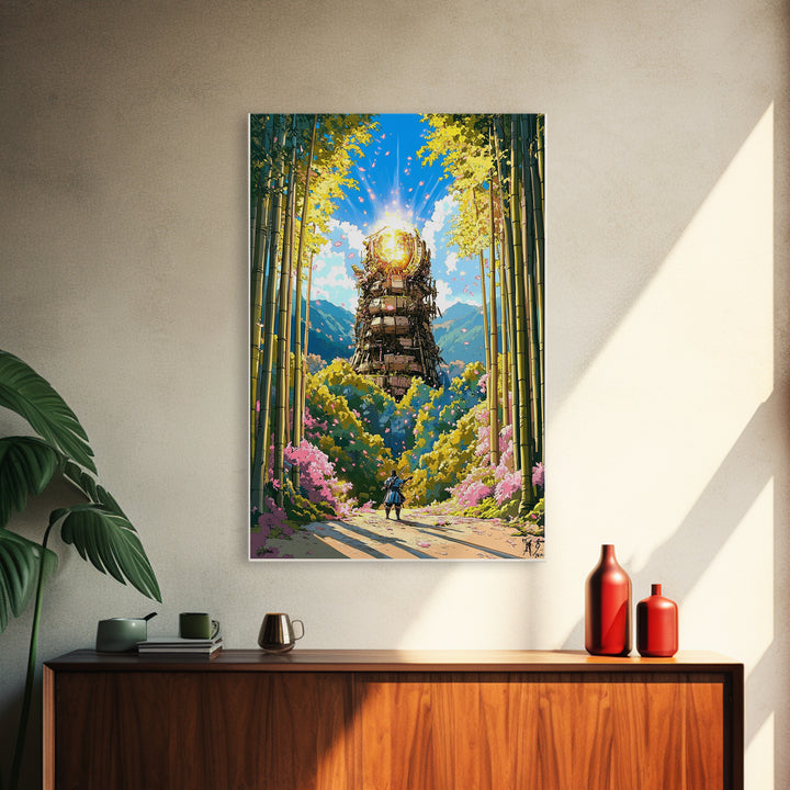 Glowing Samurai Tower In Bamboo Forest Wall Art, Japanese Fantasy Landscape, Asian Inspired Art Canvas Print, Living Room Decor
