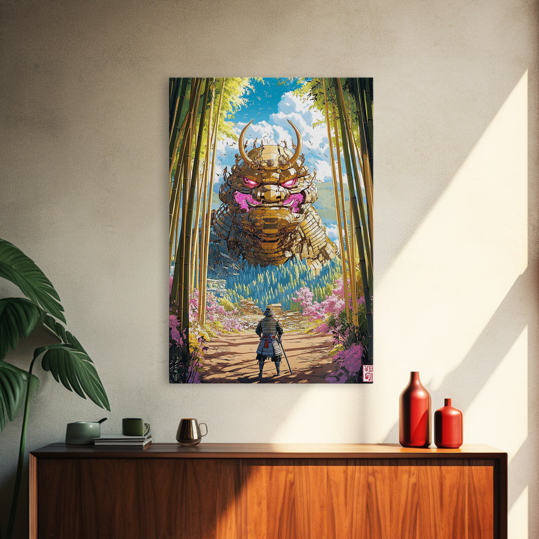 Giant Golden Samurai Mask In Bamboo Grove Framed Canvas Print, Japanese Warrior Wall Art, Fantasy Decor, Gift For Him, Office Decor