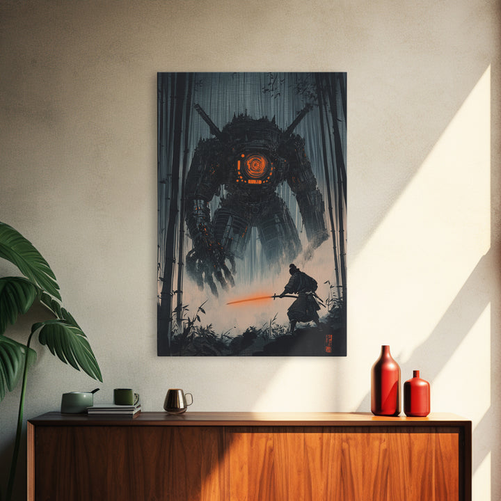 Dark Samurai Facing Giant Mech Wall Art, Cyberpunk Japanese Bamboo Forest, Neon Sword Framed Canvas Print, Office Wall Decor