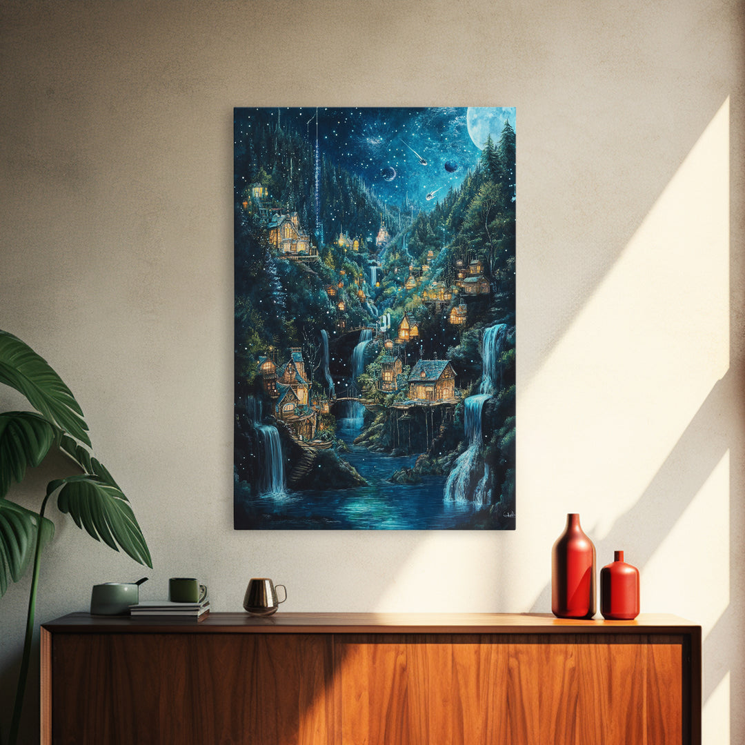 Starry Waterfall Village In Enchanted Forest Canvas Print, Fantasy Wall Art, Magical Cabin Decor, Cozy Living Room Decor