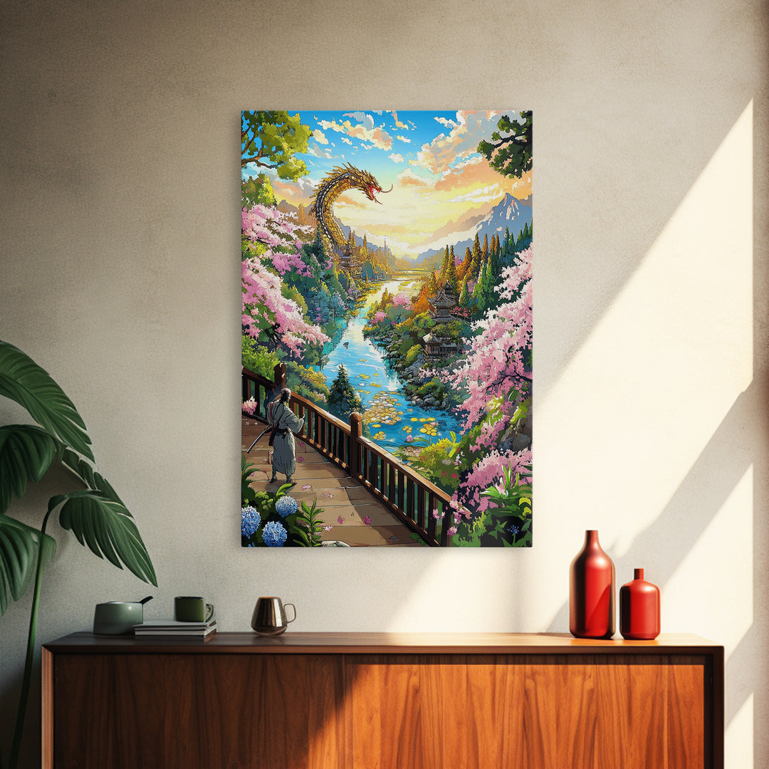 Golden Dragon Above Cherry Blossom Valley Wall Art, Japanese Fantasy Landscape, River Mountain Canvas Print, Zen Home Decor