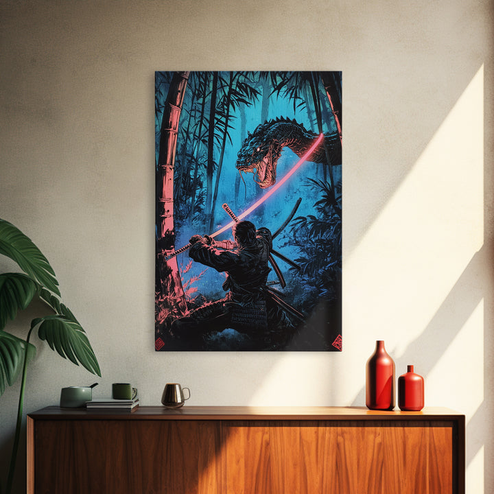 Neon Samurai Battling Serpent Dragon Wall Art, Cyberpunk Japanese Bamboo Forest, Dark Fantasy Framed Canvas Print, Office Decor