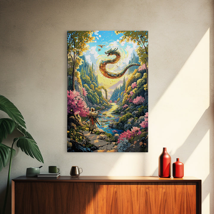 Warrior And Golden Dragon Mountain River Wall Art, Japanese Fantasy Canvas Print, Samurai Decor, Cherry Blossom Landscape