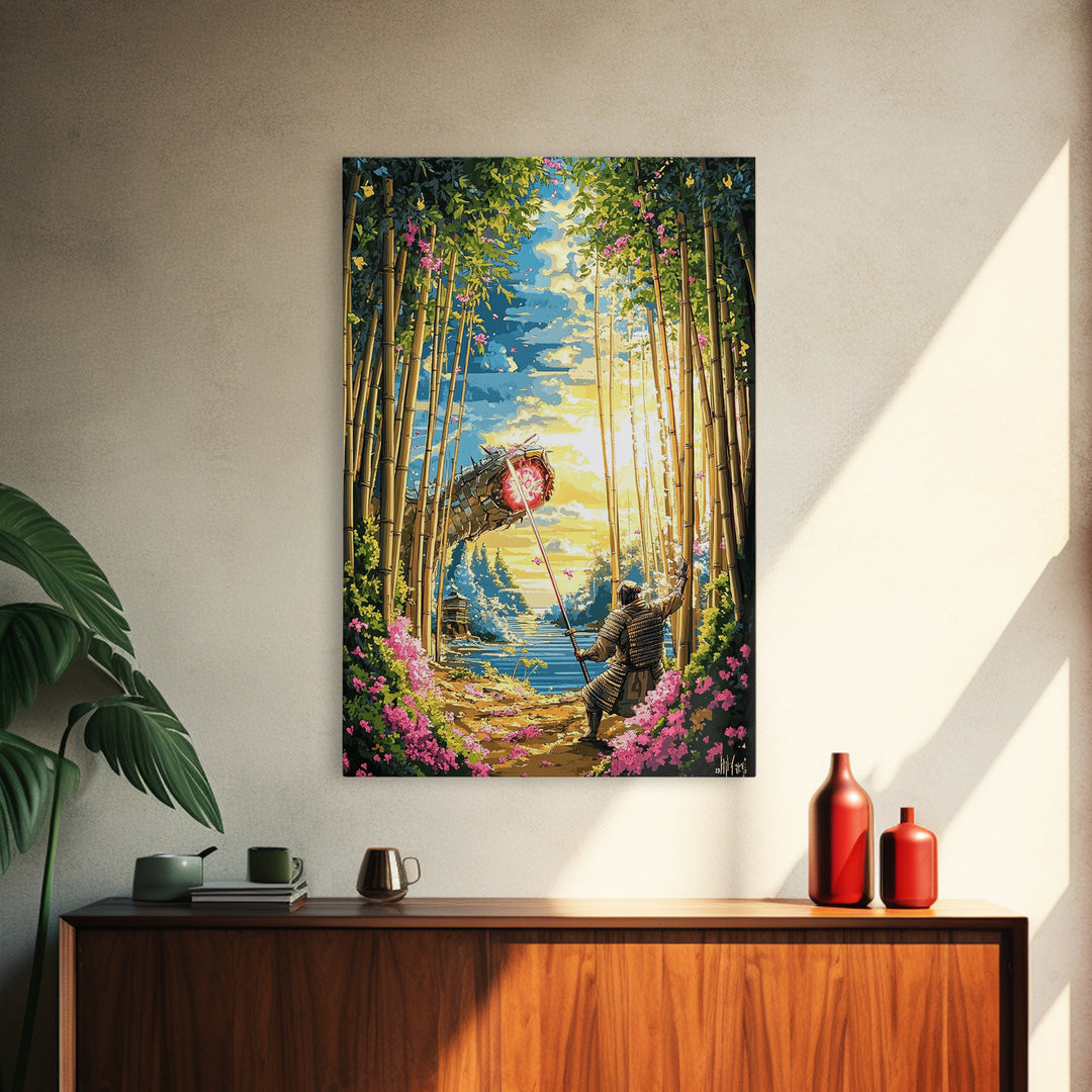 Samurai Banner In Bamboo Forest Wall Art, Japanese Warrior Canvas Print, Cherry Blossom Decor, Fantasy Landscape Poster Art
