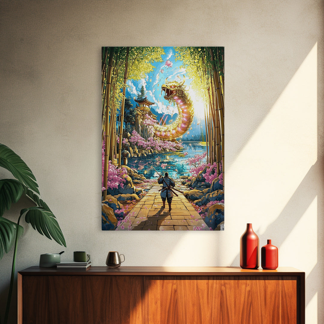 Golden Dragon By Bamboo Lake Framed Canvas Print, Samurai Wall Art, Japanese Fantasy Decor, Cherry Blossom Temple Art Print
