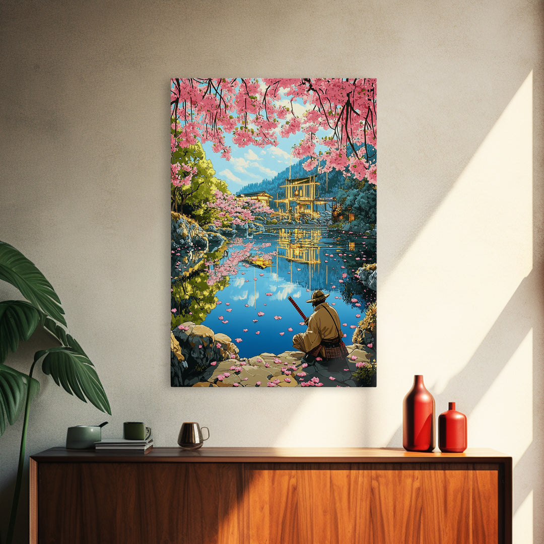 Seated Samurai At Cherry Blossom Lake Wall Art, Japanese Garden Canvas Print, Torii Reflection Decor, Peaceful Landscape
