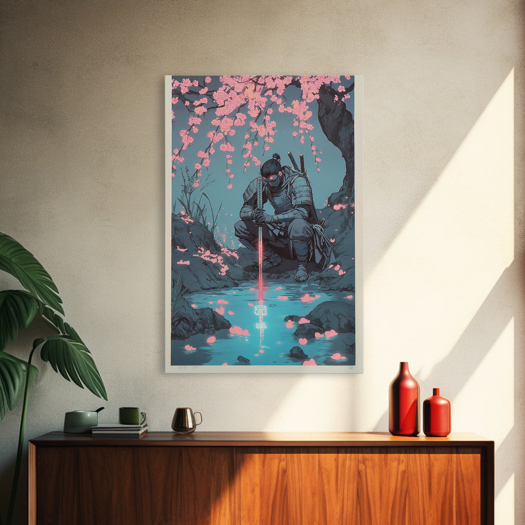 Kneeling Samurai With Glowing Sword Wall Art, Dark Japanese Canvas Print, Cherry Blossom Stream Decor, Ninja Warrior Poster