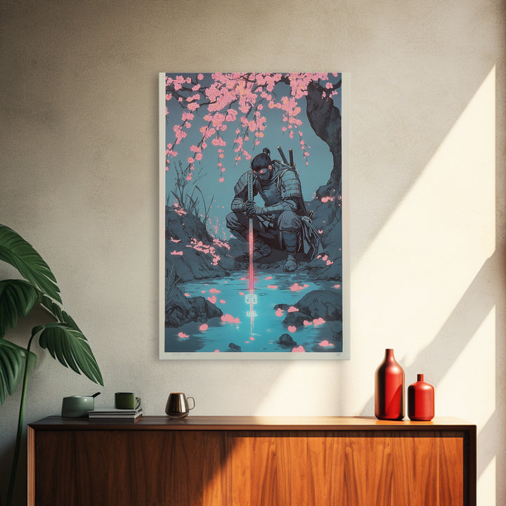 Kneeling Samurai With Glowing Sword Wall Art, Dark Japanese Canvas Print, Cherry Blossom Stream Decor, Ninja Warrior Poster