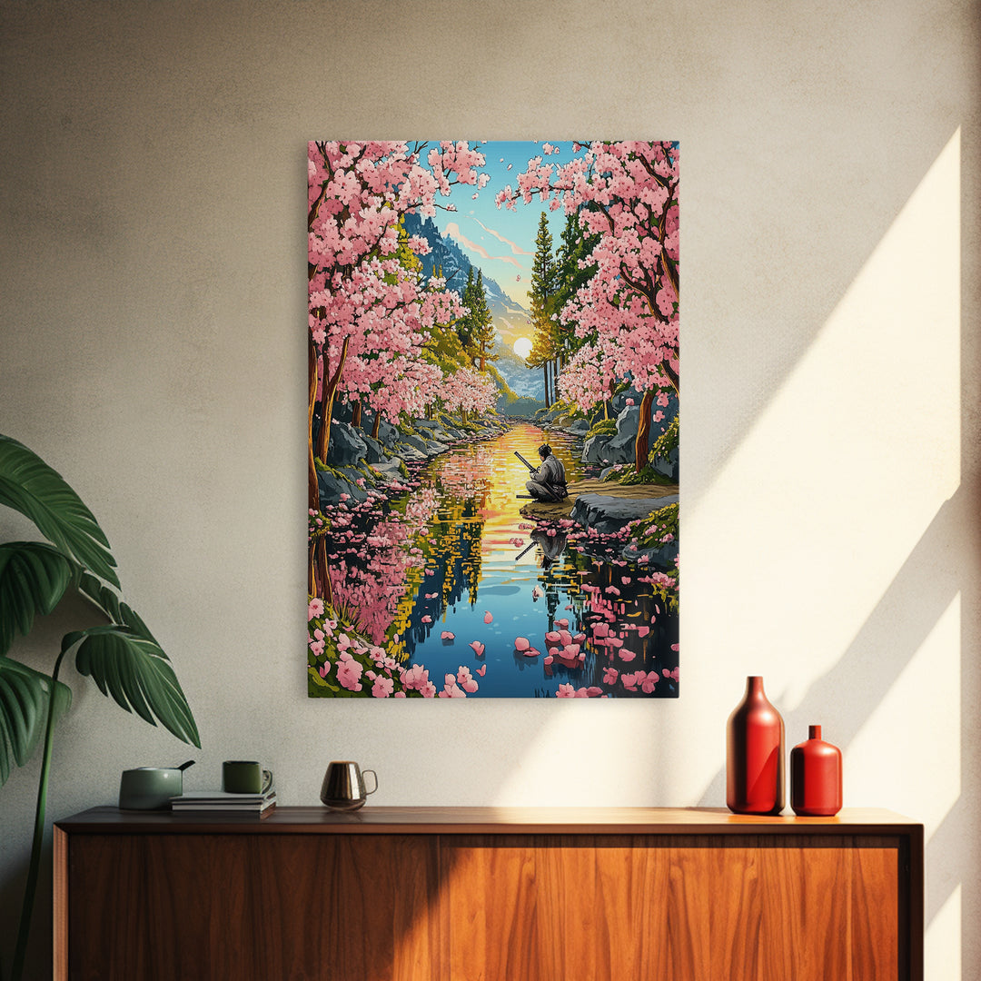 Samurai Meditation Beside Cherry River Wall Art, Japanese Landscape Canvas Print, Sakura Sunset Decor, Mountain Reflection
