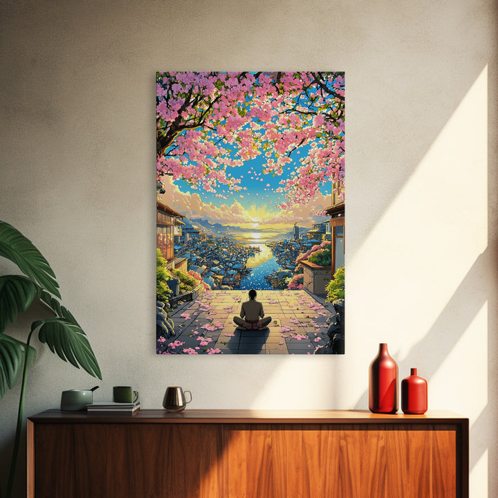 Meditation Over Cherry Blossom Harbor Wall Art, Japanese Coastal Canvas Print, Sakura Cityscape Decor, Peaceful Sunset Art