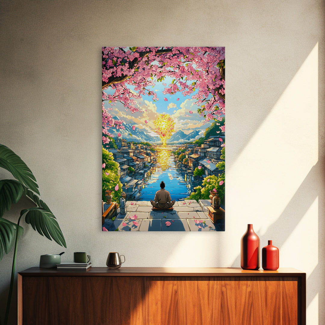 Meditating Figure Beneath Golden Tree Wall Art, Cherry Blossom Canvas Print, Japanese Canal City Decor, Spiritual Landscape