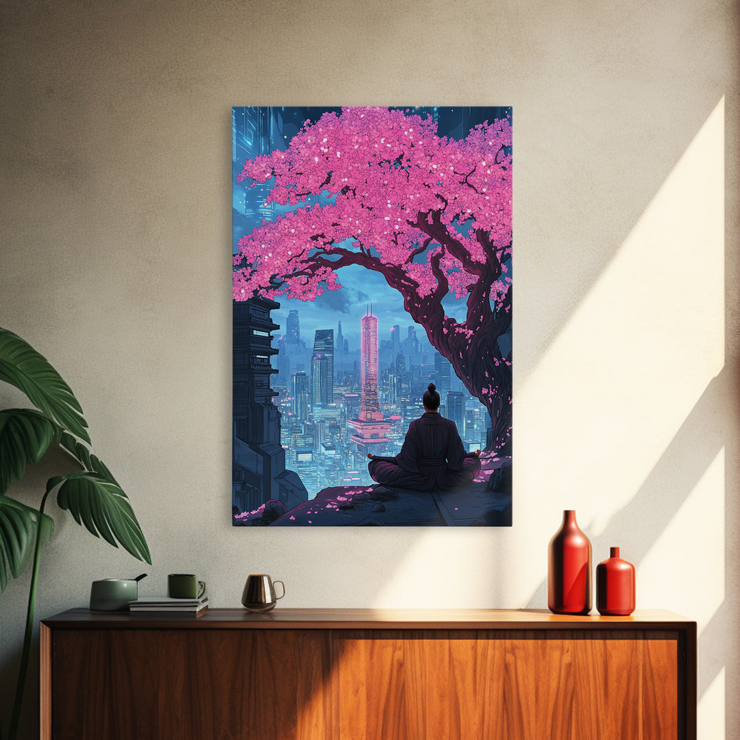 Pink Cherry Blossom Meditation City Wall Art, Cyberpunk Japanese Landscape Print, Neon Urban Decor, Zen Living Room Art Gift