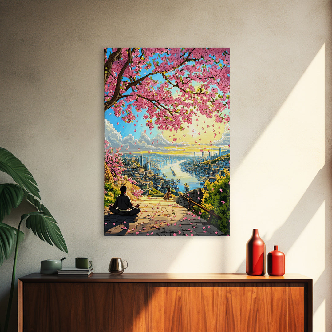 Cherry Blossom Stairway Bay Canvas Print, Japanese Coastal Landscape Art, Peaceful Zen Decor, Colorful Living Room Wall Art