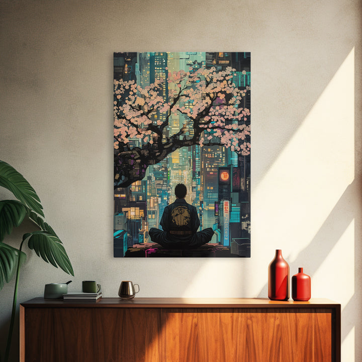 Cherry Blossoms Over Neon City Framed Canvas Print, Cyberpunk Japanese Wall Decor, Urban Zen Meditation Living Room Art Gift