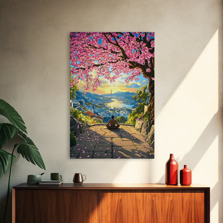 Sunset Cherry Blossom Bay Wall Art, Japanese Landscape Painting, Zen Meditation Decor, Colorful Coastal Living Room Print