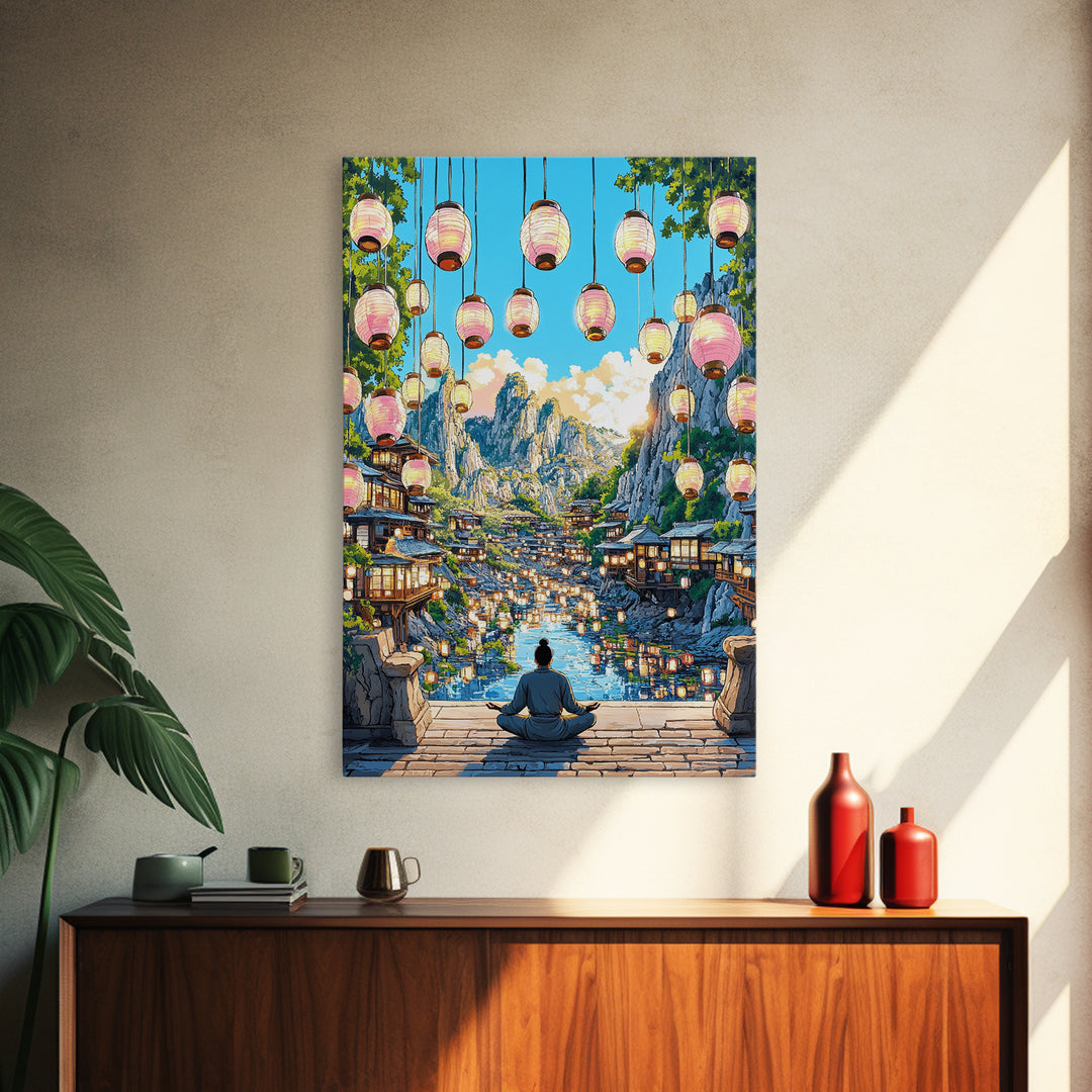 Lantern Mountain Village Canvas Print, Japanese Fantasy Landscape Art, Glowing River Decor, Zen Living Room Wall Art Gift