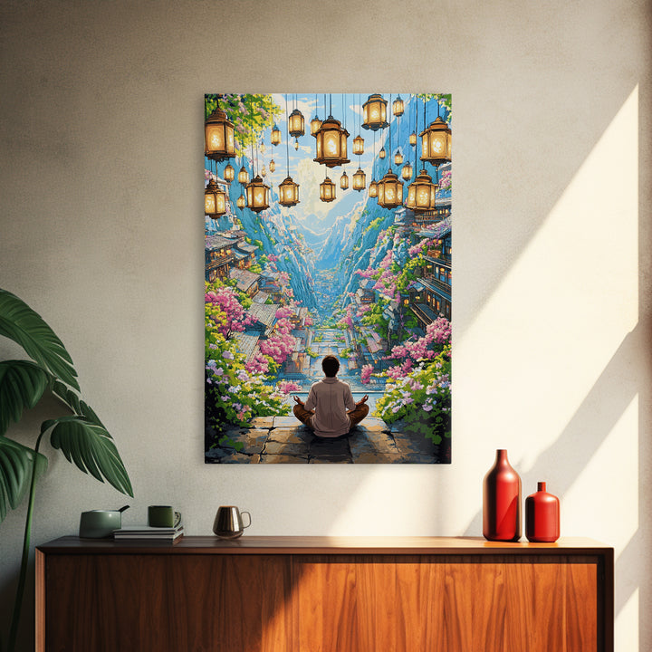Hanging Lantern Valley Framed Canvas Print, Japanese Mountain Village Wall Decor, Floral Zen Landscape Living Room Art Gift
