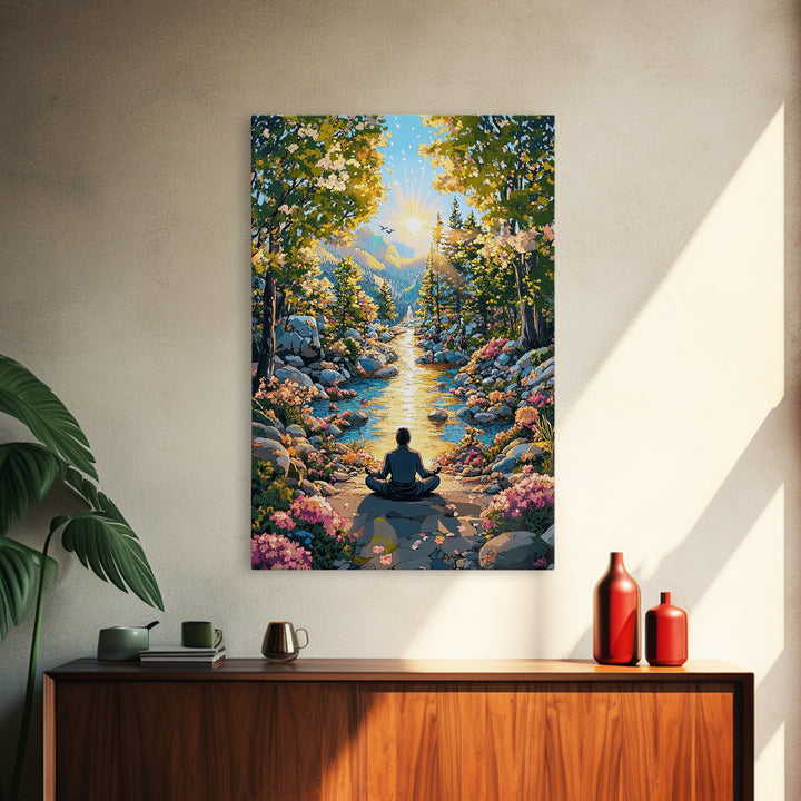 Golden Mountain River Meditation Canvas Print, Sunlit Nature Wall Art, Peaceful Zen Decor, Calming Living Room Art, Housewarming Gift