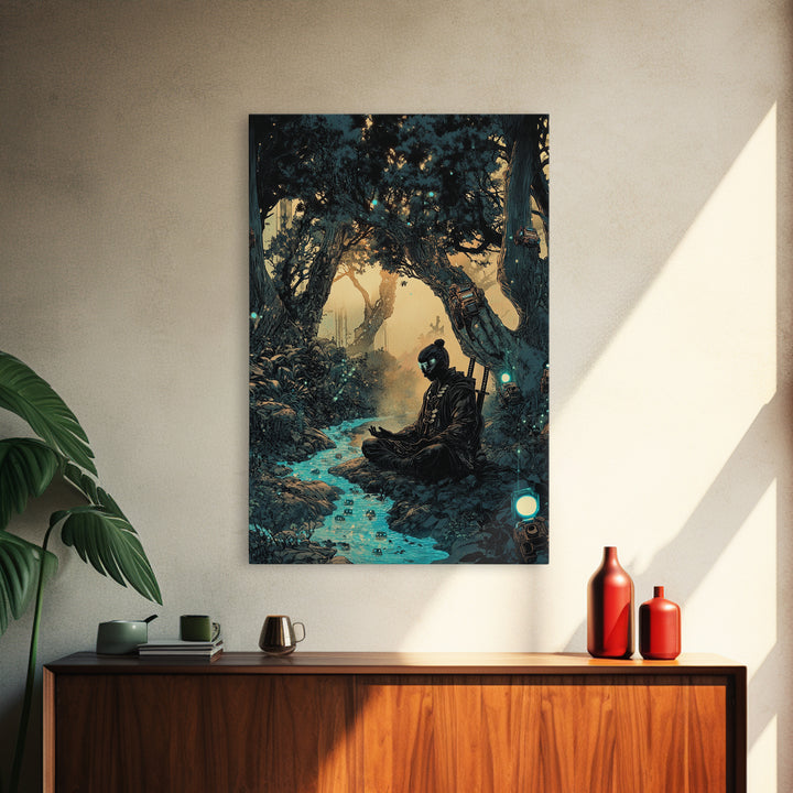 Meditating Samurai In Glowing Forest Stream Wall Art, Japanese Zen Decor, Fantasy Landscape Print, Moody Office Decor Gift