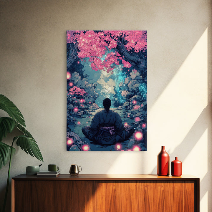 Mystical Samurai Under Pink Blossom Trees Wall Art, Japanese Fantasy Decor, Cyberpunk Zen Print, Moody Bedroom Wall Decor