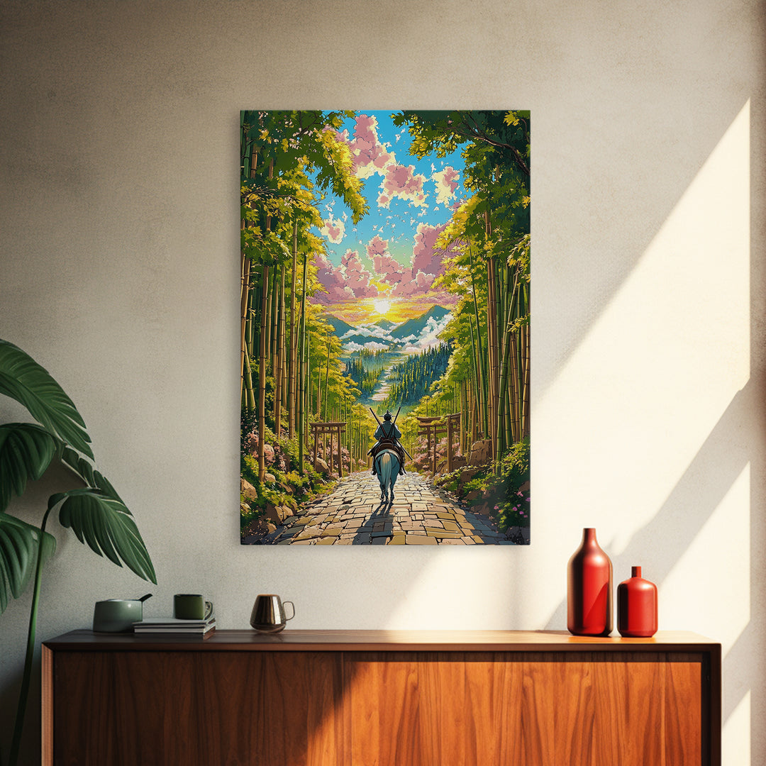 Samurai Rider On Bamboo Path At Sunset Framed Canvas Print, Japanese Landscape Wall Art, Zen Nature Home Decor, Gift For Her