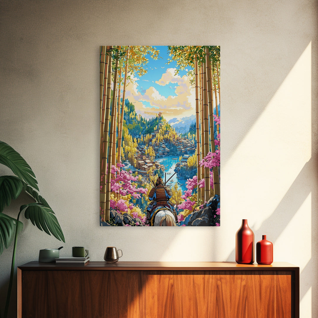 Armored Samurai Overlooking Lake City Framed Canvas Print, Japanese Bamboo Wall Art, Cherry Blossom Landscape, Home Decor