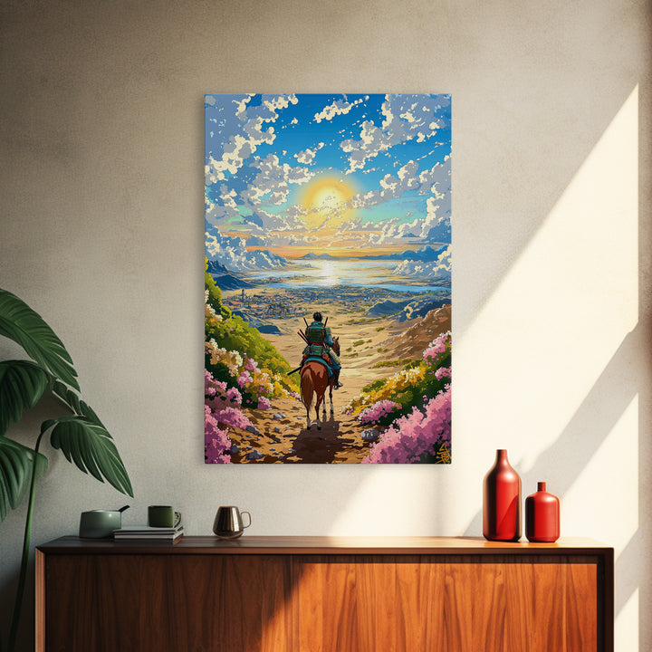 Samurai Rider Above Sunlit Ocean Valley Canvas Print, Japanese Landscape Wall Art, Coastal Mountain Decor, Colorful Print