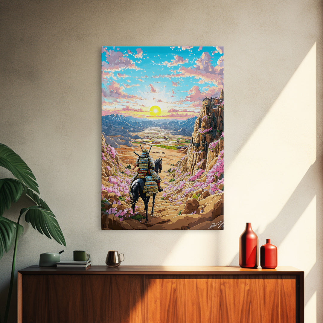Armored Samurai Horse In Desert Canyon Sunrise Framed Canvas Print, Japanese Western Wall Art, Mountain Landscape Home Decor
