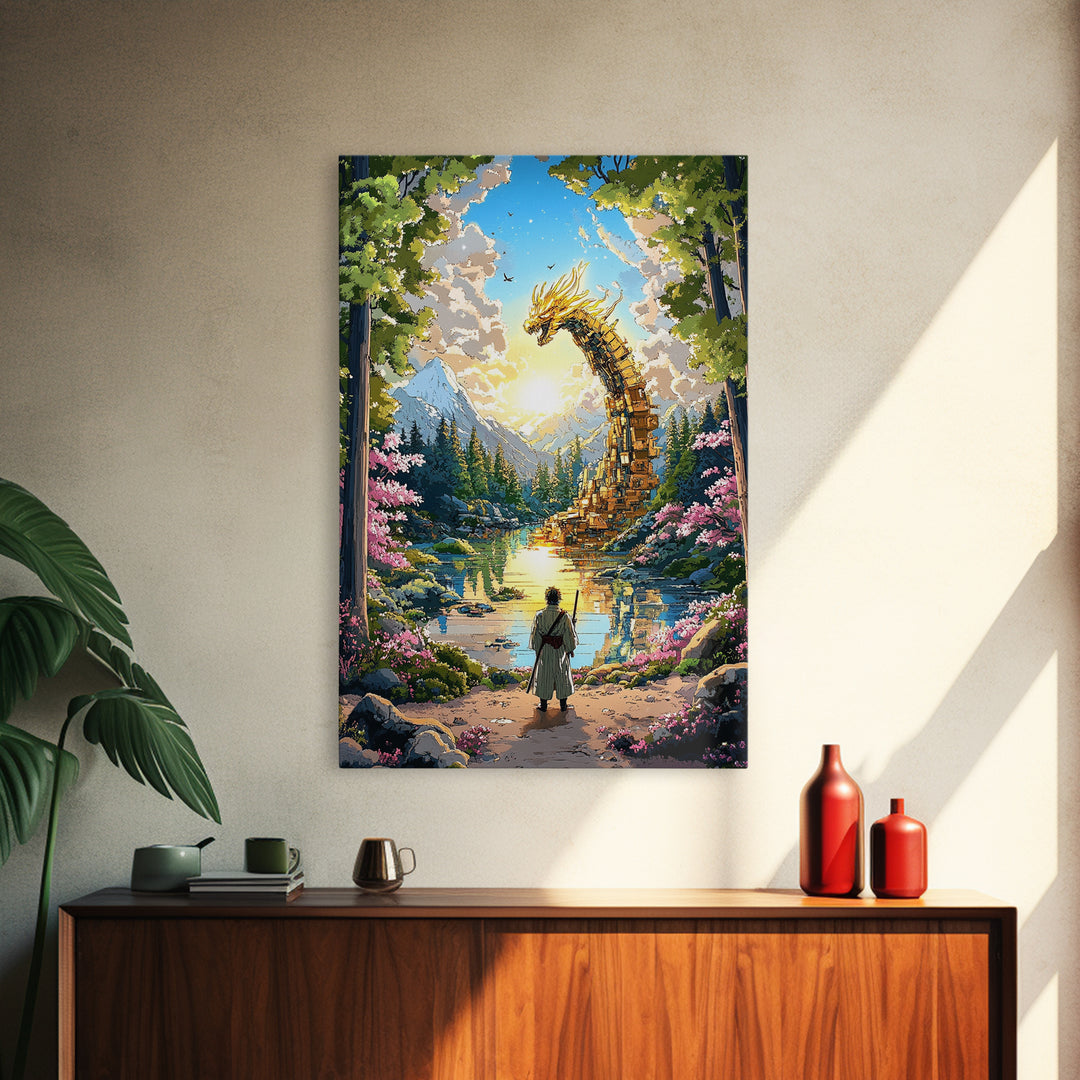 Golden Dragon Over Mountain Lake Canvas Print, Japanese Fantasy Art, Cherry Blossom Wall Decor, Samurai Living Room Art Print