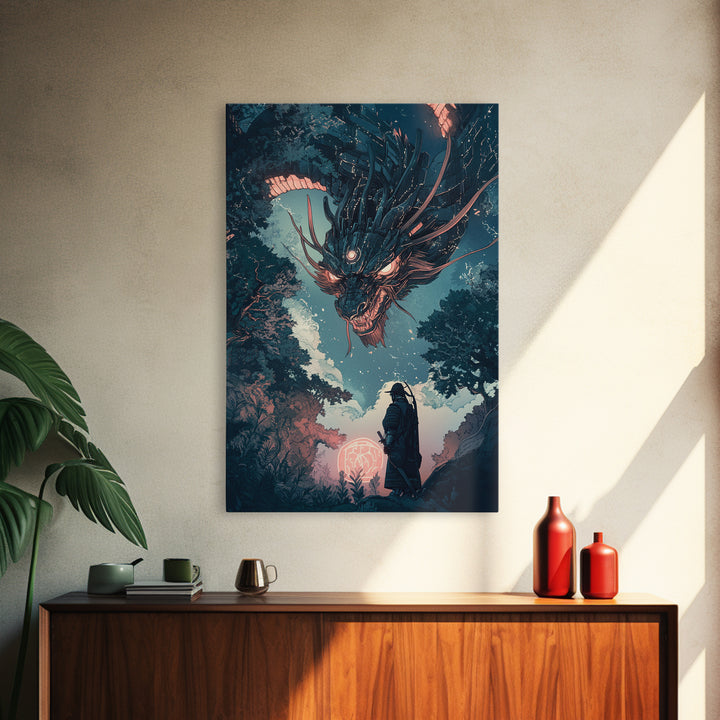 Dark Mechanical Dragon And Samurai Wall Art, Japanese Fantasy Poster, Cyberpunk Decor, Moody Sci Fi Living Room Art Print