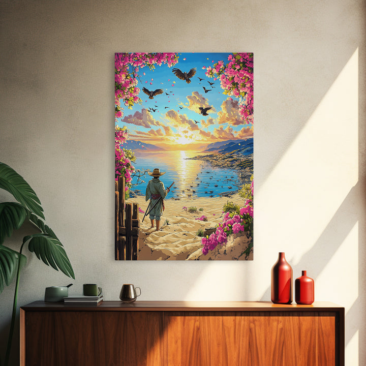 Samurai On Sunny Flower Framed Beach Canvas Print, Coastal Wall Art, Tropical Sunset Poster, Beach House Living Room Decor
