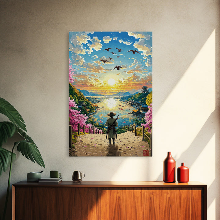Samurai Overlooking Golden Coastal Village Wall Art, Japanese Seascape Print, Cherry Blossom Decor, Serene Living Room Art