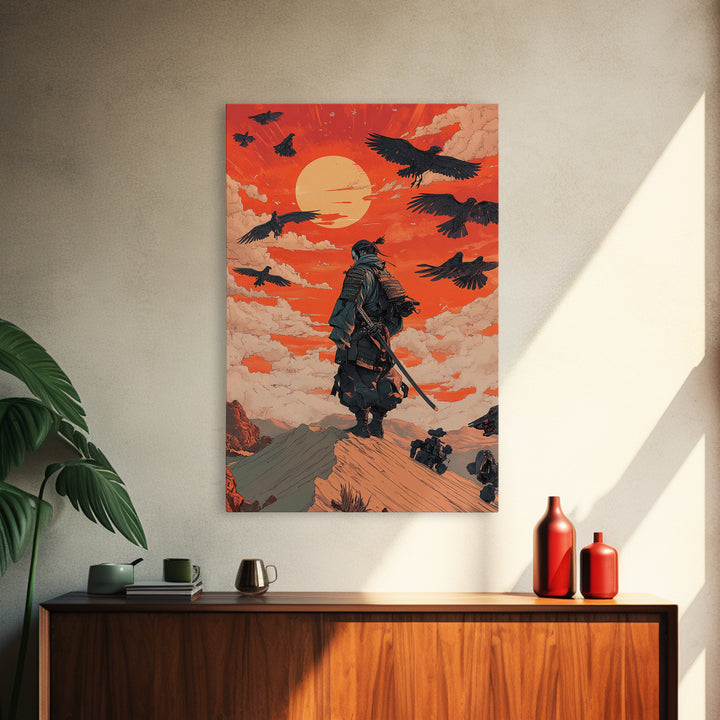 Armored Samurai Beneath Red Sunset And Ravens Canvas Print, Japanese Warrior Wall Art, Desert Fantasy Poster, Office Decor