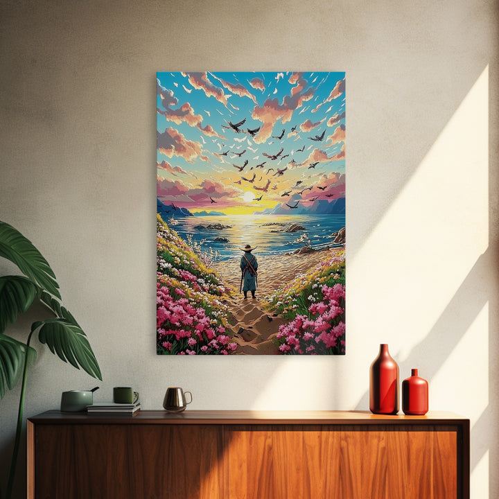 Lone Traveler On Wildflower Seaside Path Canvas Print, Coastal Sunset Wall Art, Ocean Landscape Decor, Beach House Print