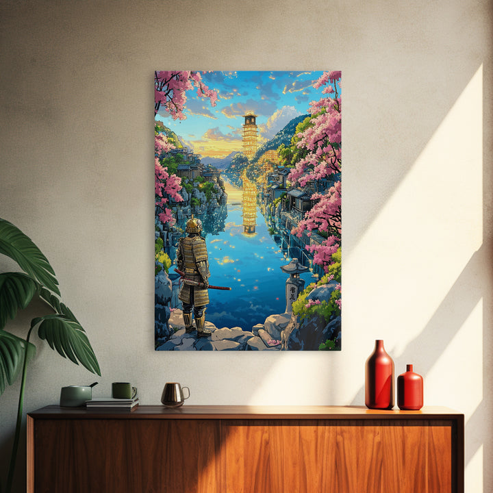 Samurai Overlooking Golden Pagoda Lake Wall Art, Japanese Cherry Blossom Canvas Print, Fantasy Landscape Home Decor Gift