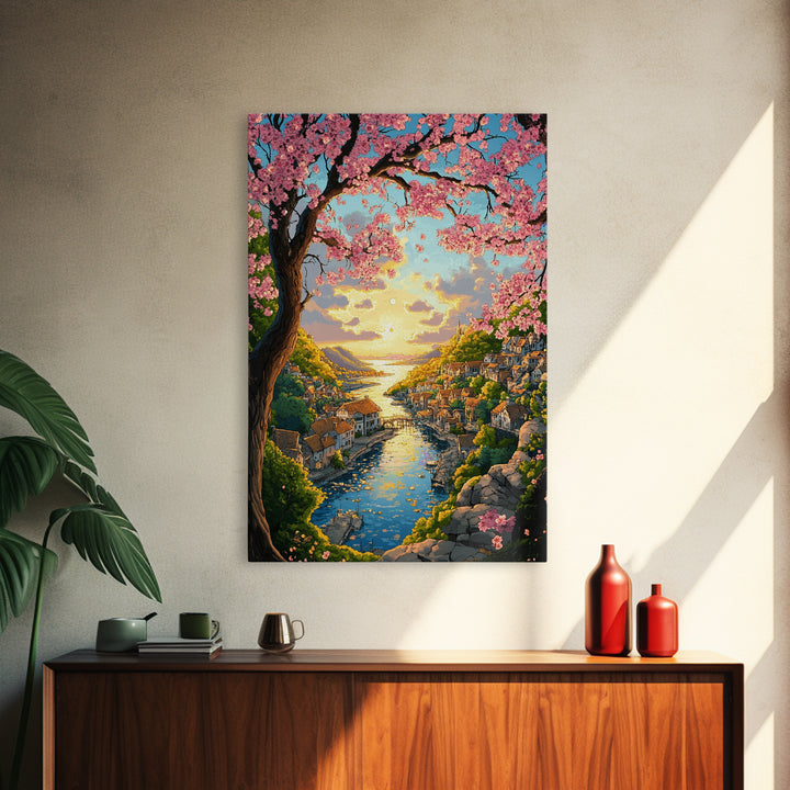 Cherry Blossom River Village Wall Art, Coastal Sunset Canvas Print, Japanese Landscape Art Print For Living Room Decor Gift