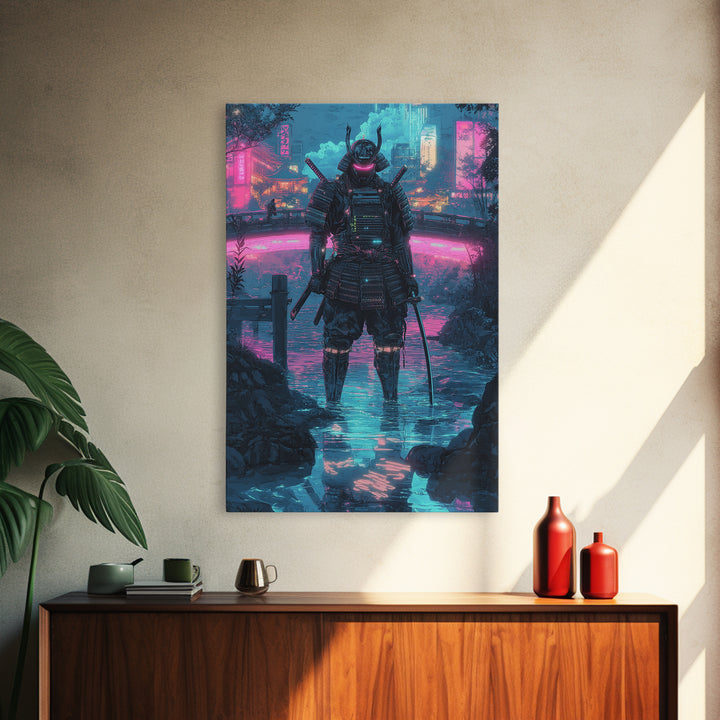 Neon Cyberpunk Samurai In Rain Wall Art, Futuristic City Canvas Print, Japanese Warrior Gaming Room Decor Gift For Him Poster