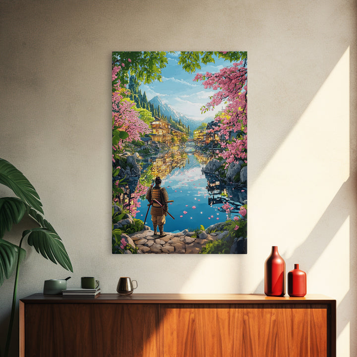 Samurai By Blossom Mountain Lake Wall Art, Japanese Village Framed Canvas Print, Serene Landscape Living Room Decor Gift