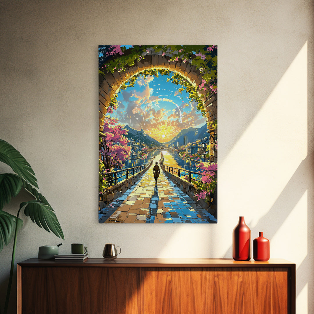 Sunlit Archway Over Canal Wall Art, Japanese Fantasy Canvas Print, Cherry Blossom Landscape Above Bed Decor Gift For Her