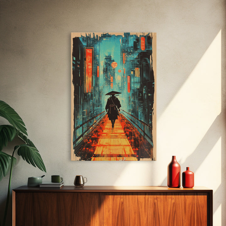 Lone Samurai With Umbrella Wall Art, Neon Cyberpunk City Canvas Print, Japanese Rainy Night Poster Home Office Decor Gift