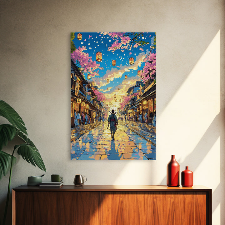 Samurai Lantern Festival Street Wall Art, Japanese Cherry Blossom Canvas Print, Colorful Anime Inspired Home Decor Gift Print