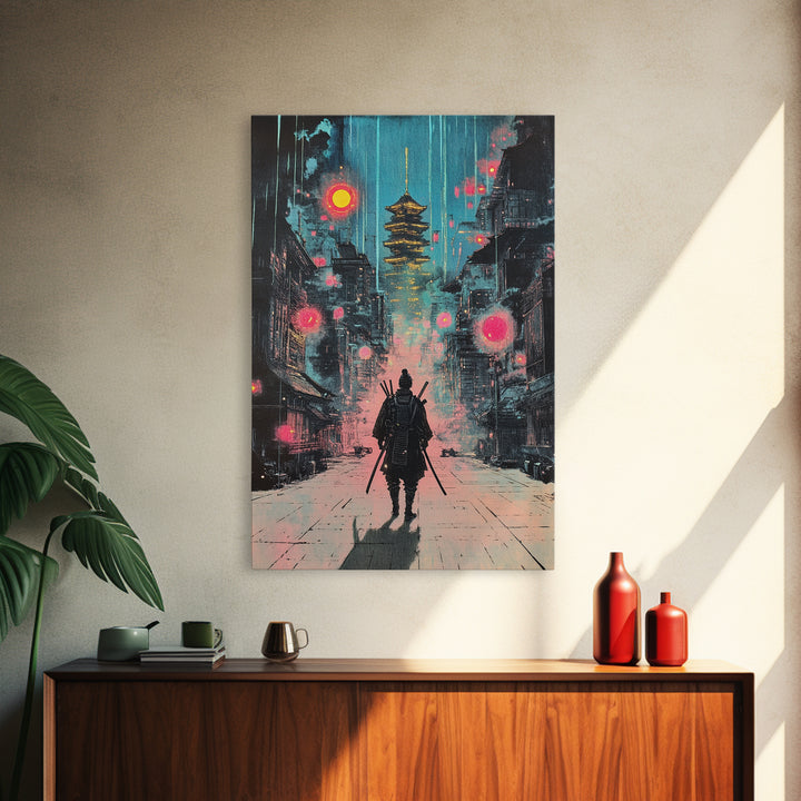 Moody Rain Samurai And Pagoda Wall Art, Japanese Cyberpunk Canvas Print, Dark Neon Cityscape Office Decor Gift For Him Poster